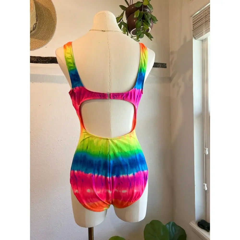 Vintage Rainbow Tie Dyed One Piece Swim Suit Size Small - Medium